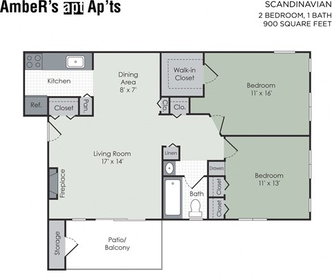 Floor plan for 2 beds, 1 bath, 920 sqft